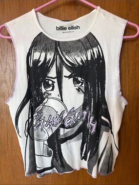 Billie Eilish Anime Crop Top in White with Black Art with Lavender Accents
